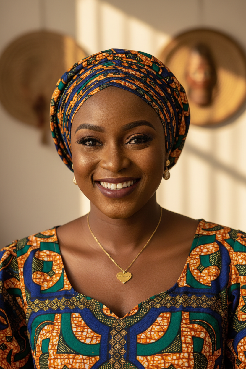 Femme africaine portant le collier Ma Reine en tenue traditionnelle