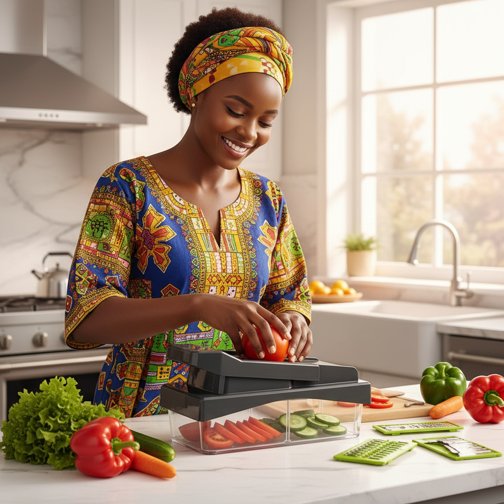 Femme sénégalaise préparant une salade avec le coupe-légumes exact