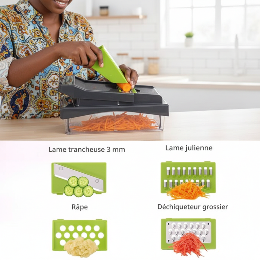 Femme sénégalaise utilisant le coupe-légumes pour trancher des carottes
