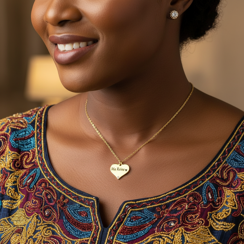 Gros plan collier Ma Reine porté - gravure visible