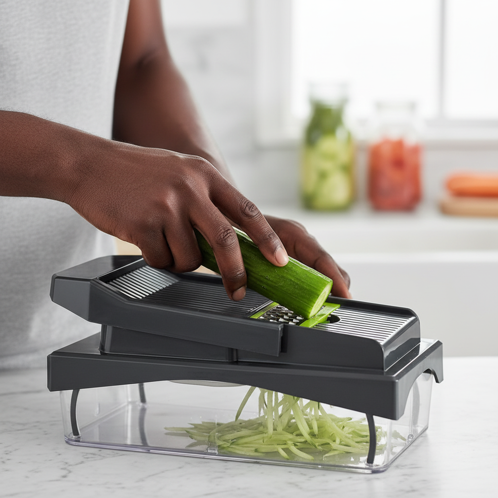 Homme sénégalais faisant des coupes julienne avec le coupe-légumes